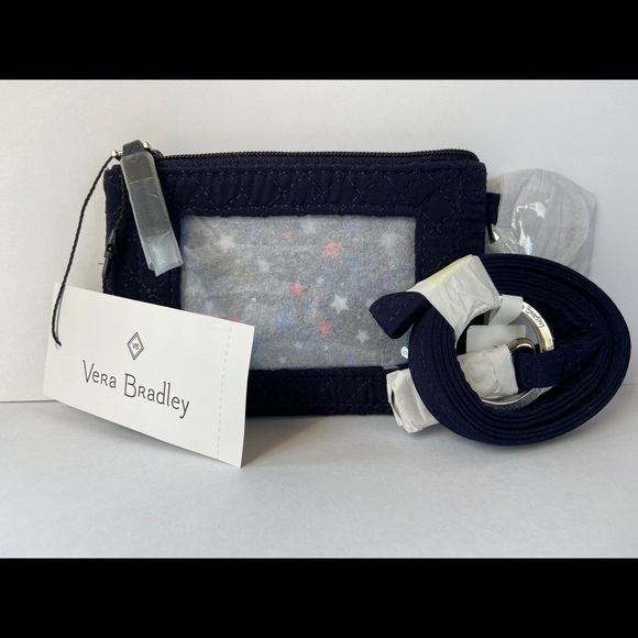 VERA BRADLEY ZIP ID & MATCHING LANYARD CLASSIC NAVY MICROFIBER 26949-219 - Picture 1 of 4